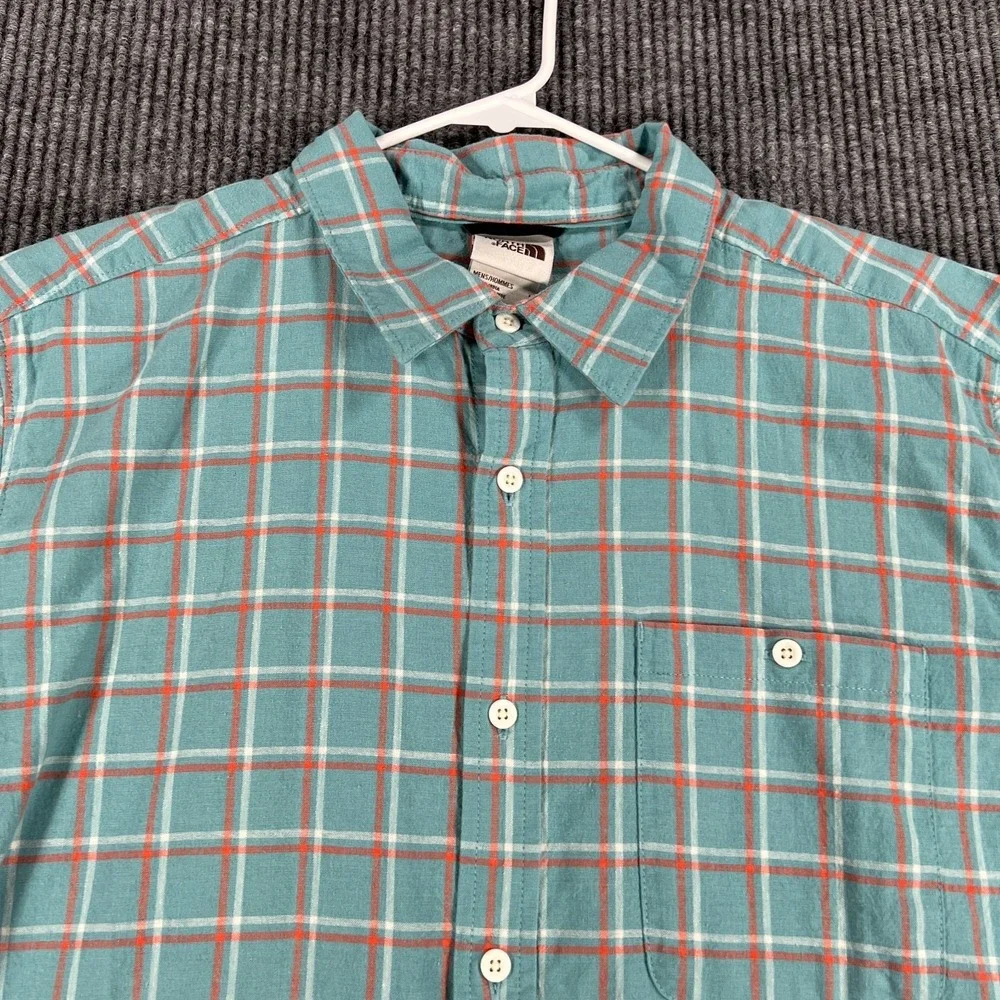 The North Face Shirt Mens Large Green Check Short Sleeve Button Up Hiking Casual